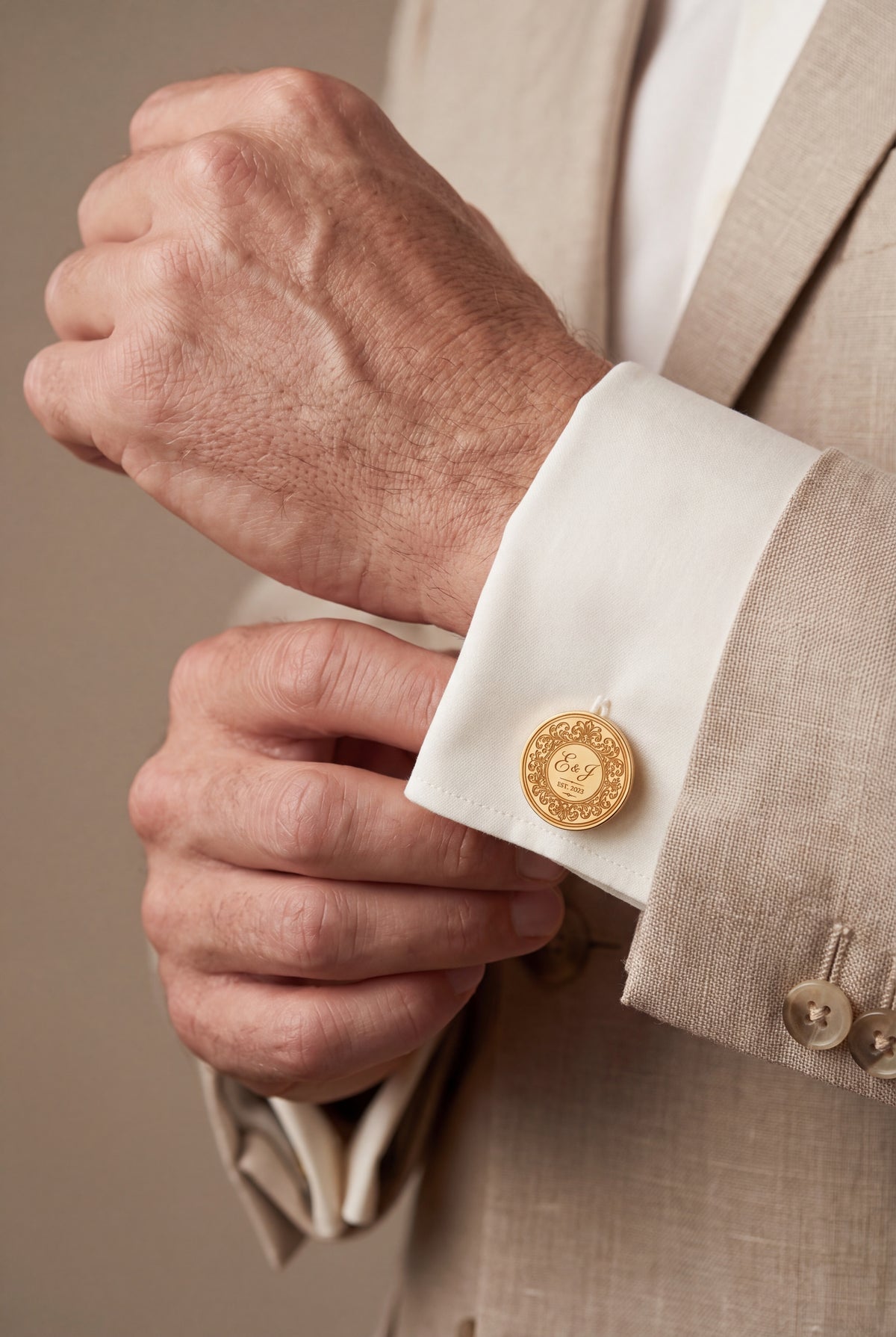 Personalized Wedding Monogram & Year Cufflinks – on model