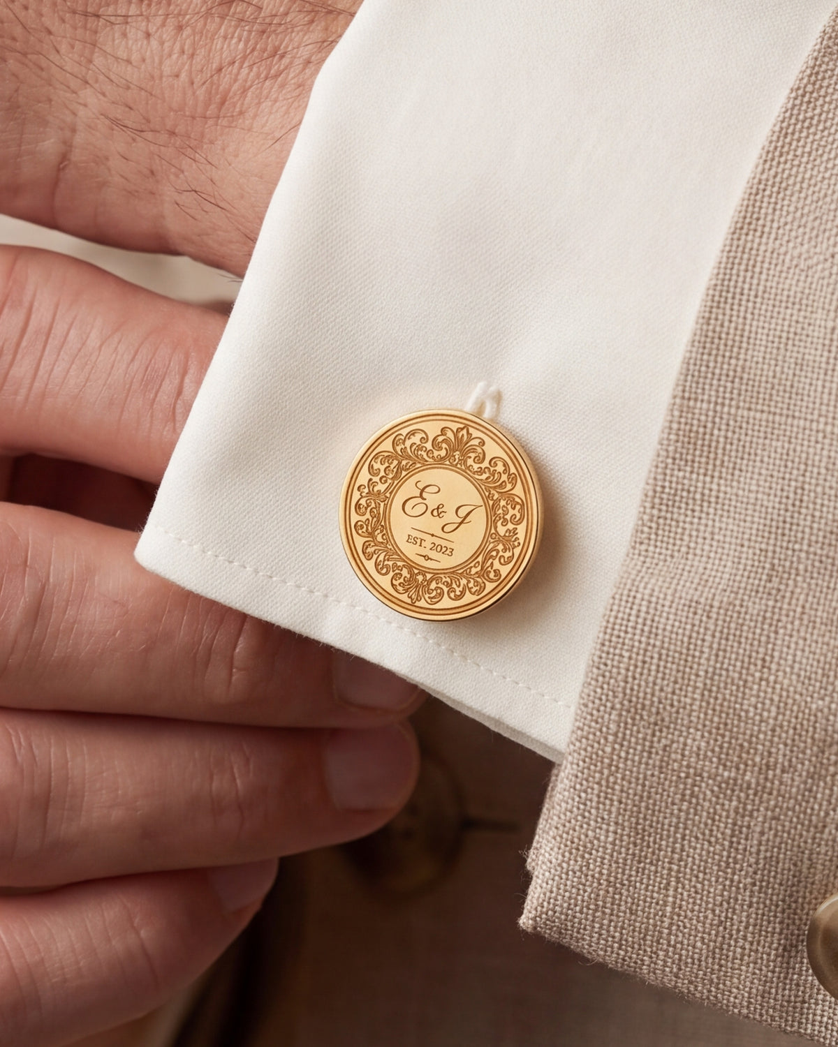 Personalized Wedding Monogram & Year Cufflinks – close-up