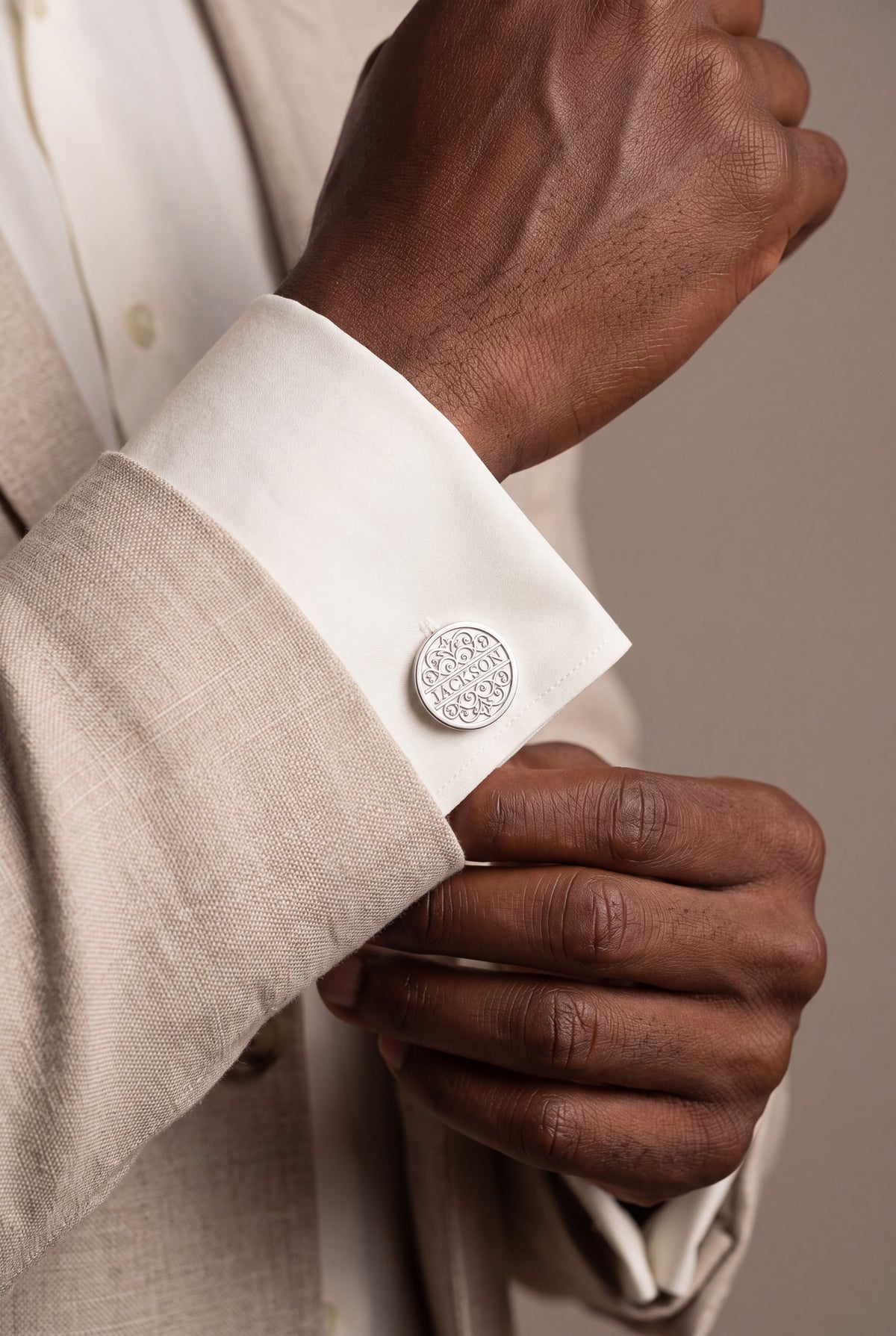Personalized White Enamel Name Cufflinks – on model