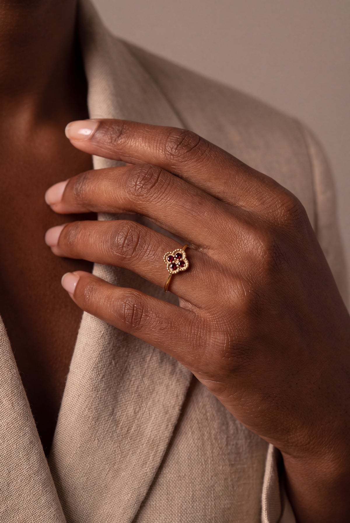 Red Stone Clover Ring – on model
