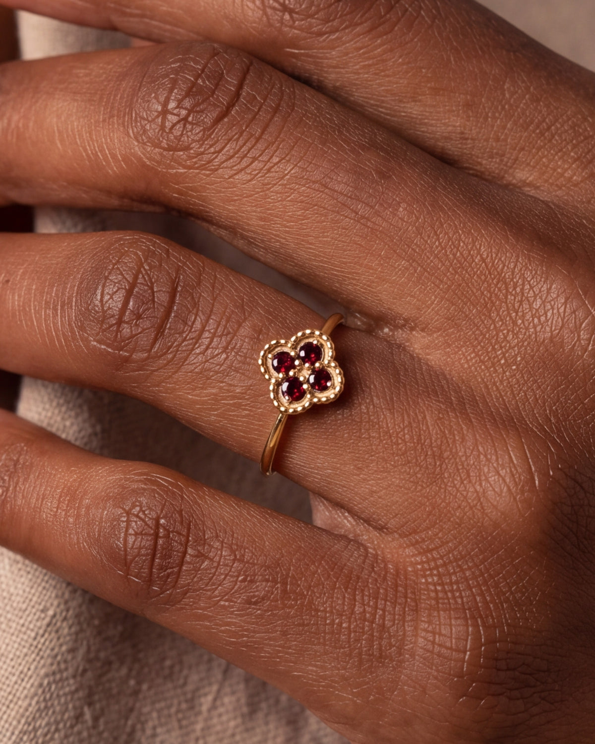 Red Stone Clover Ring – close-up