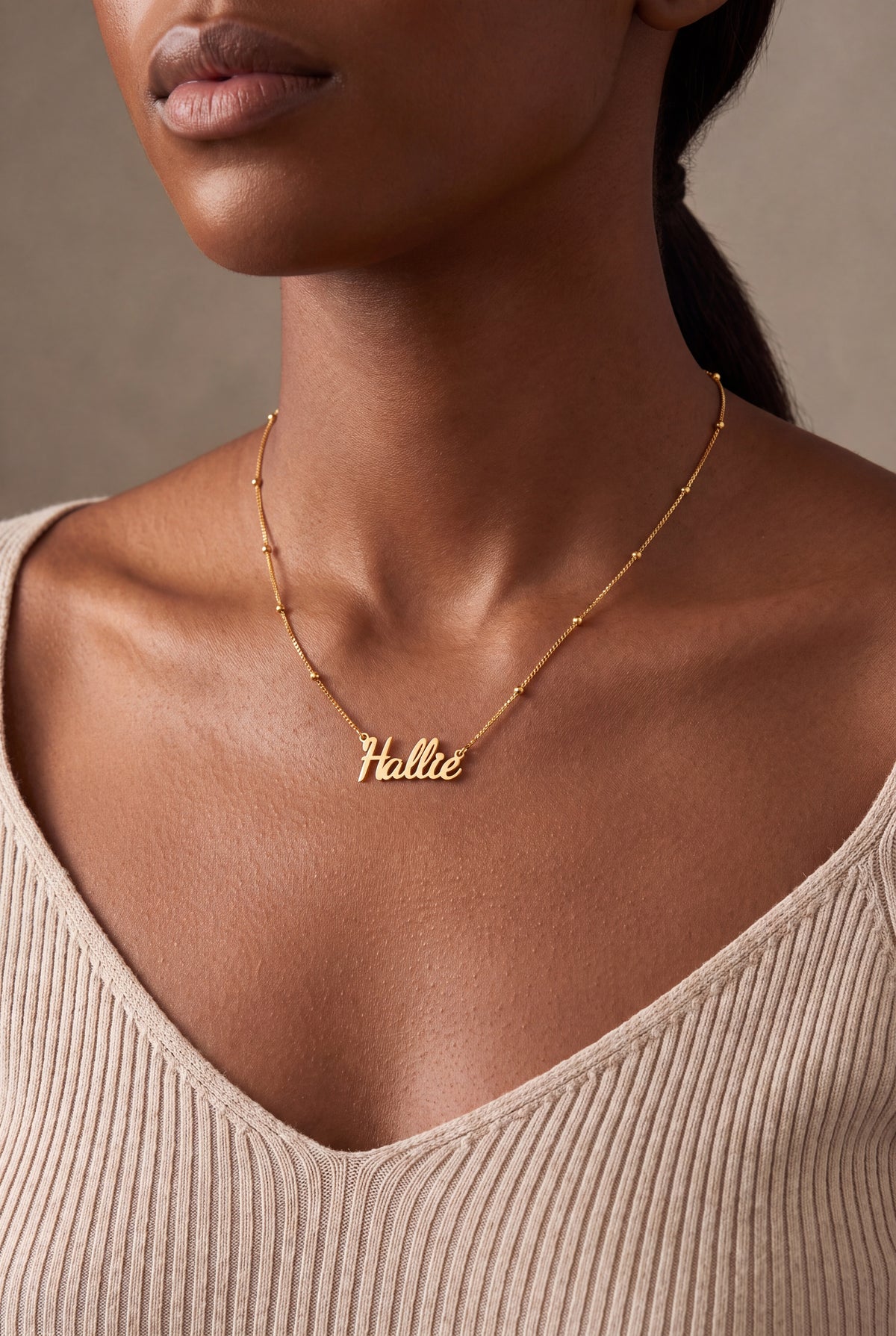 Script Name Necklace on Satellite Chain – on model
