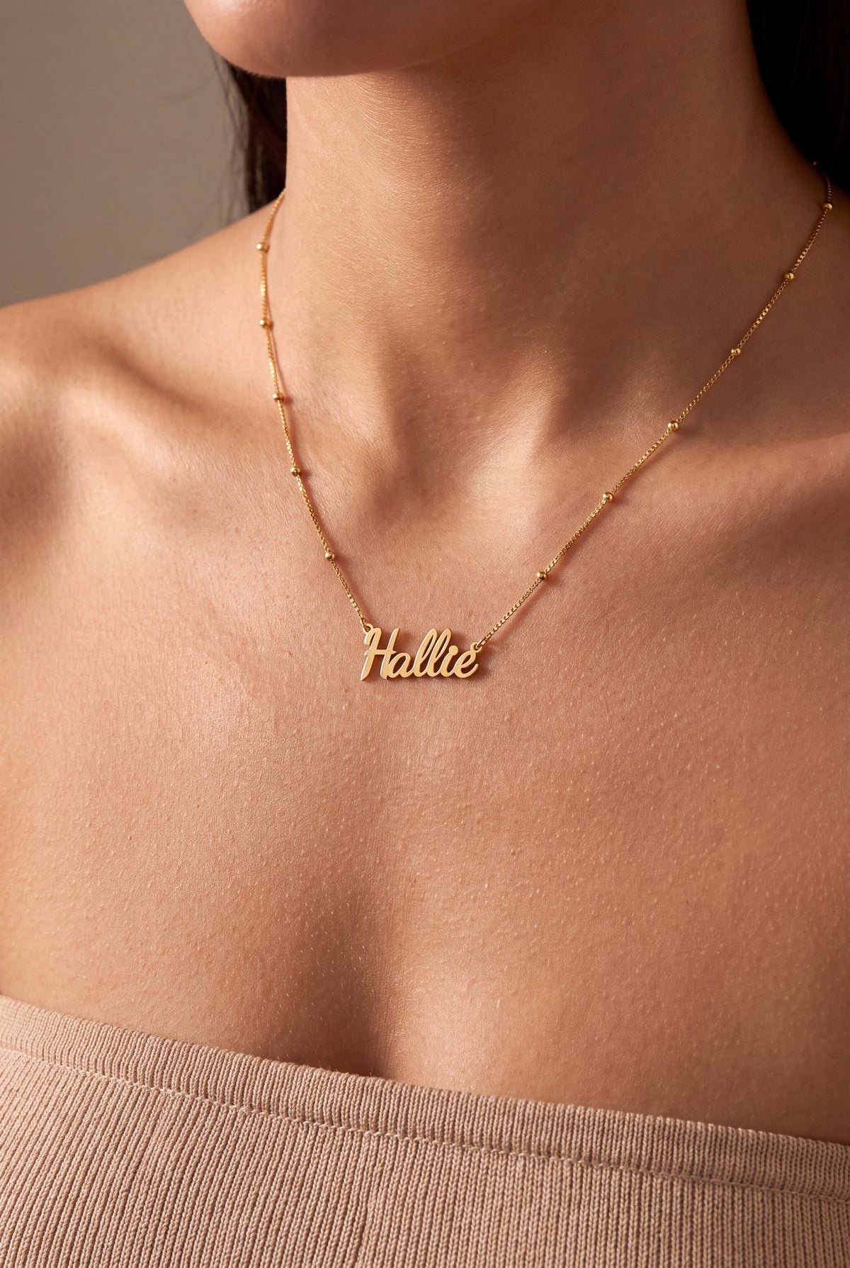 Script Name Necklace on Satellite Chain – on model, second view