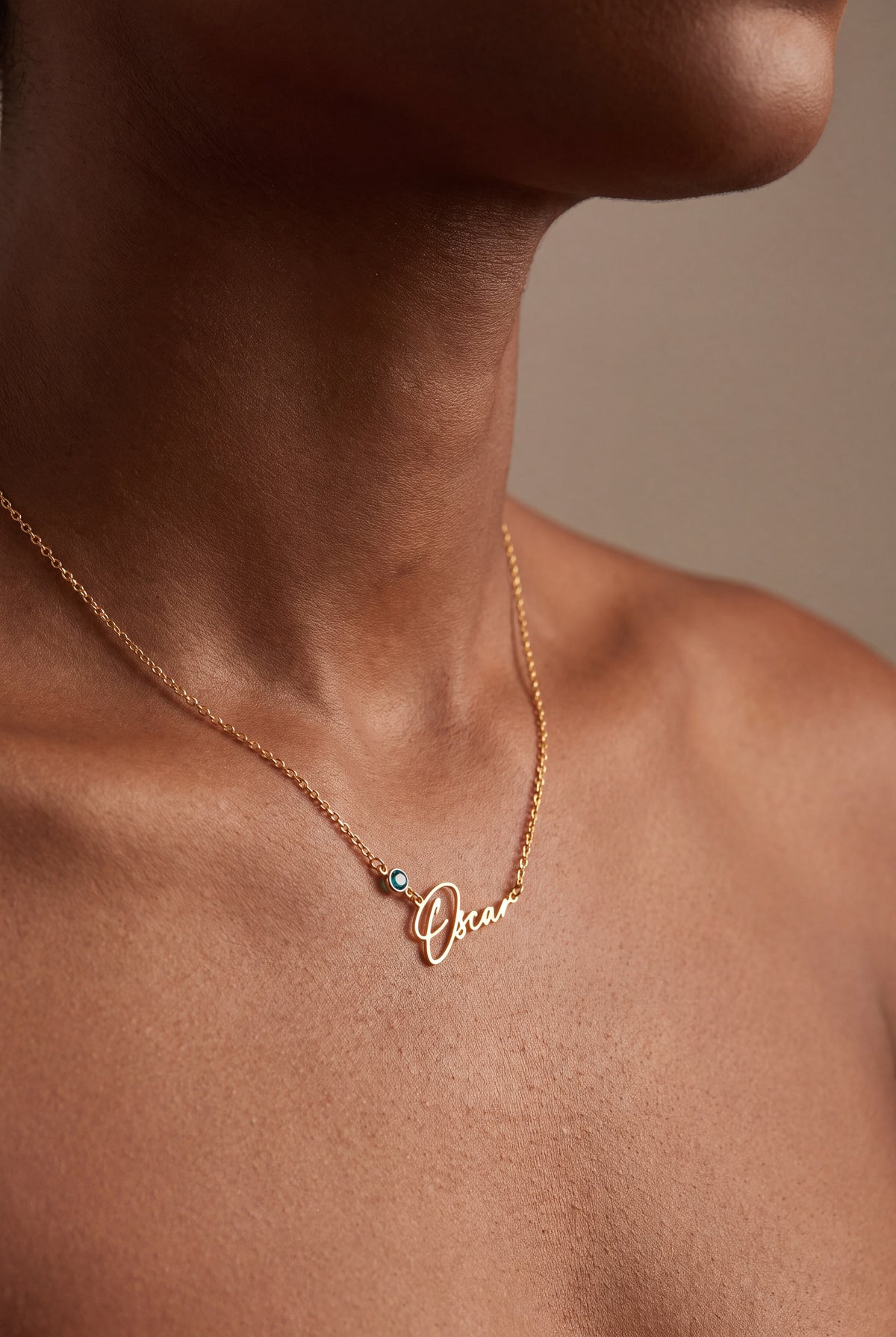 Signature Name Necklace with Birthstone – on model, second view