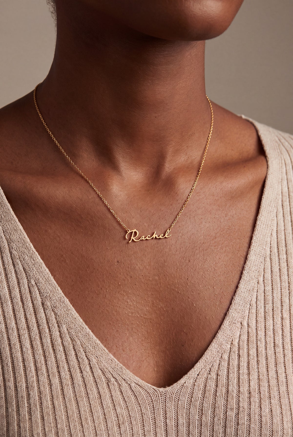 Signature Script Name Necklace – on model