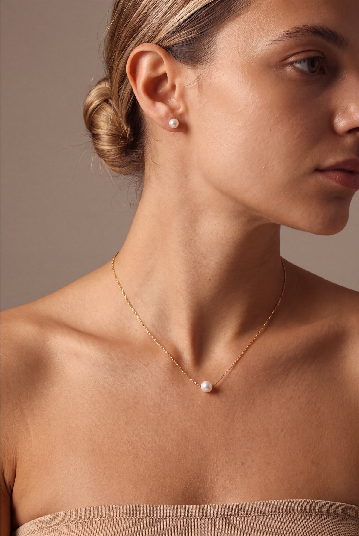 Single Pearl Necklace & Stud Earring Set – on model, second view