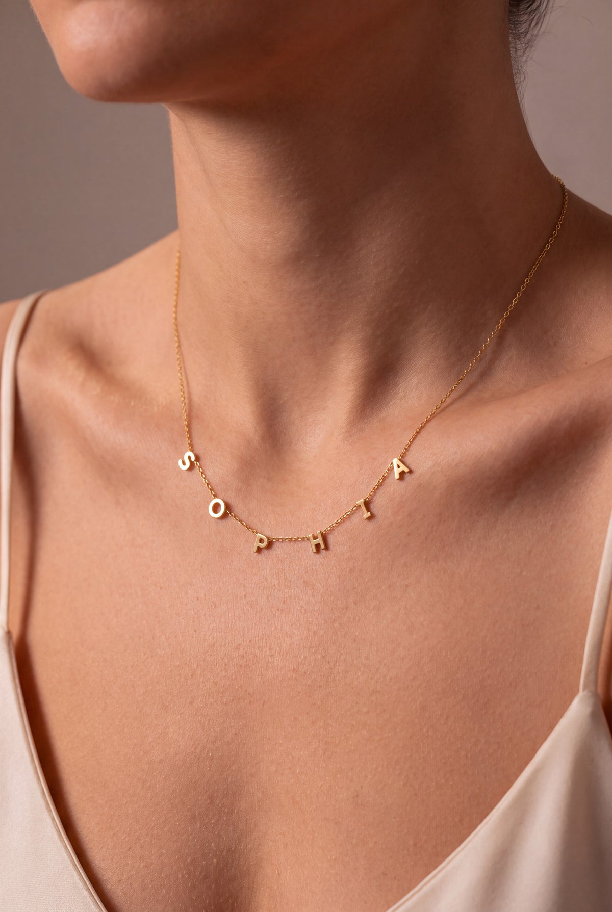 Spaced Letter Name Necklace – on model, second view