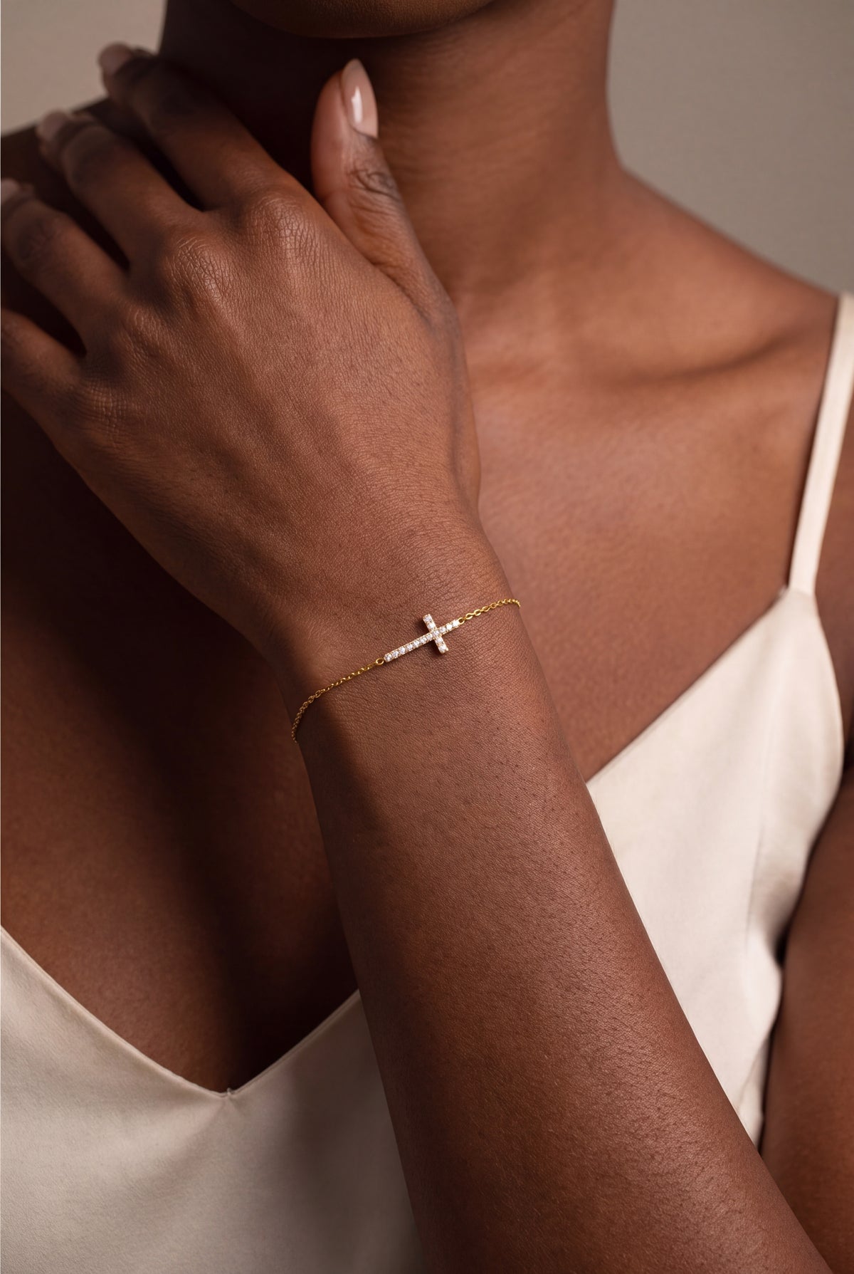 Stone-Set Sideways Cross Bracelet – on model