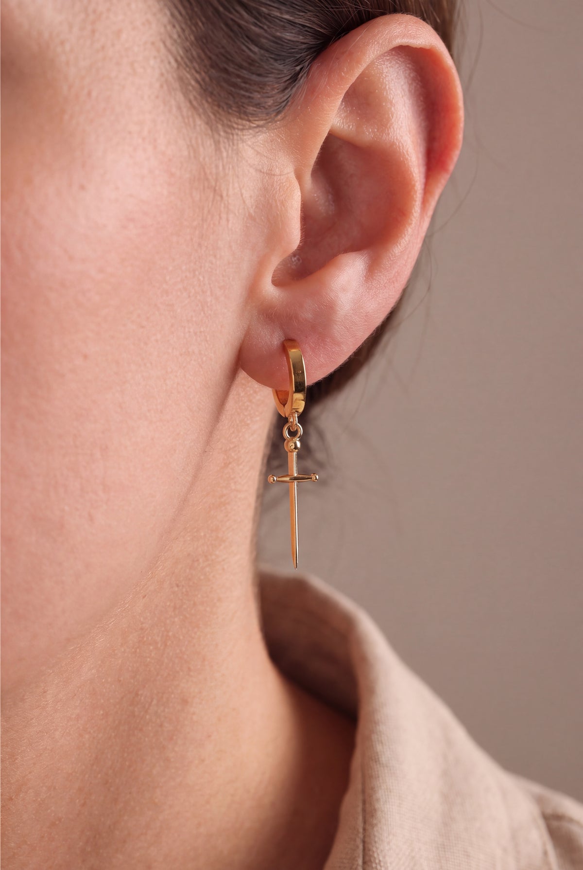 Sword Drop Huggie Earrings – on model