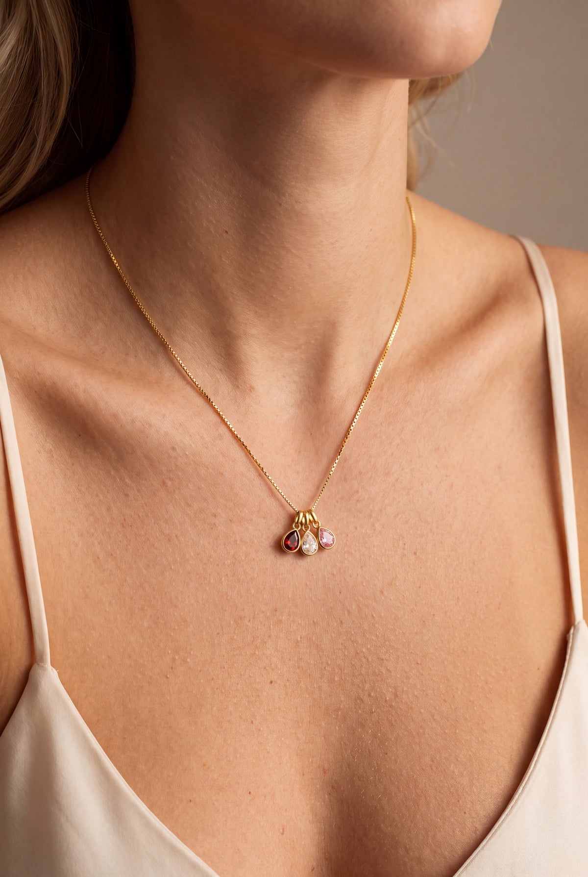 Teardrop Birthstone Charm Necklace – on model, second view