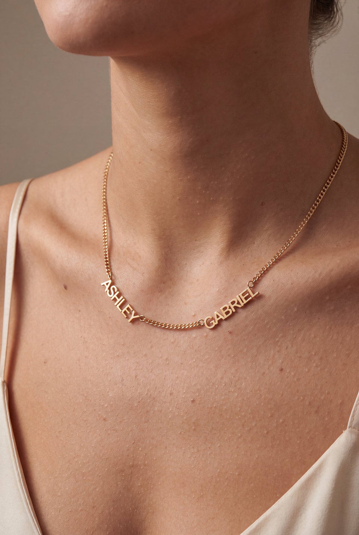 Two Name Couple Necklace – on model, second view