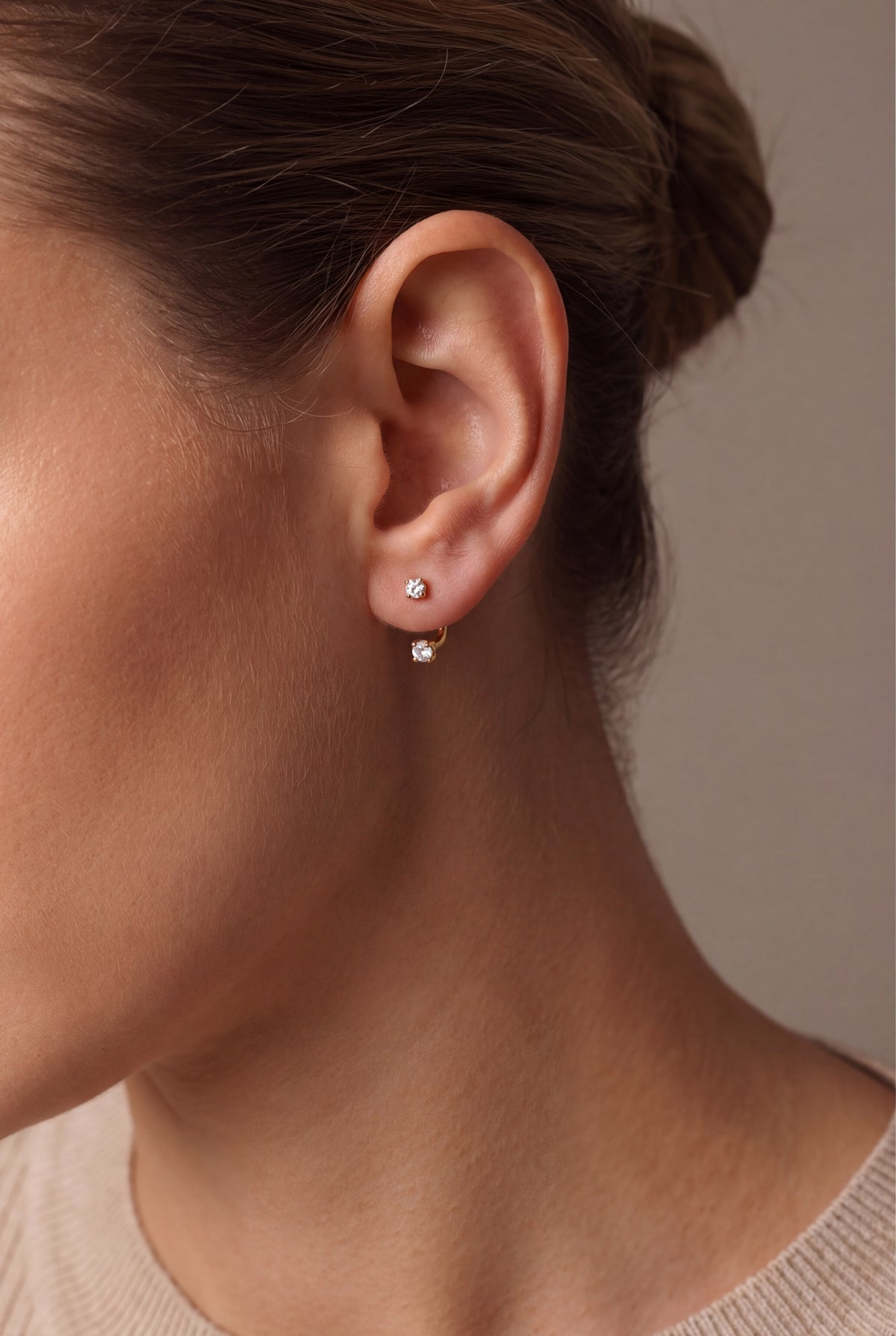 Two-Stone Curved Bar Stud Earrings – on model, second view