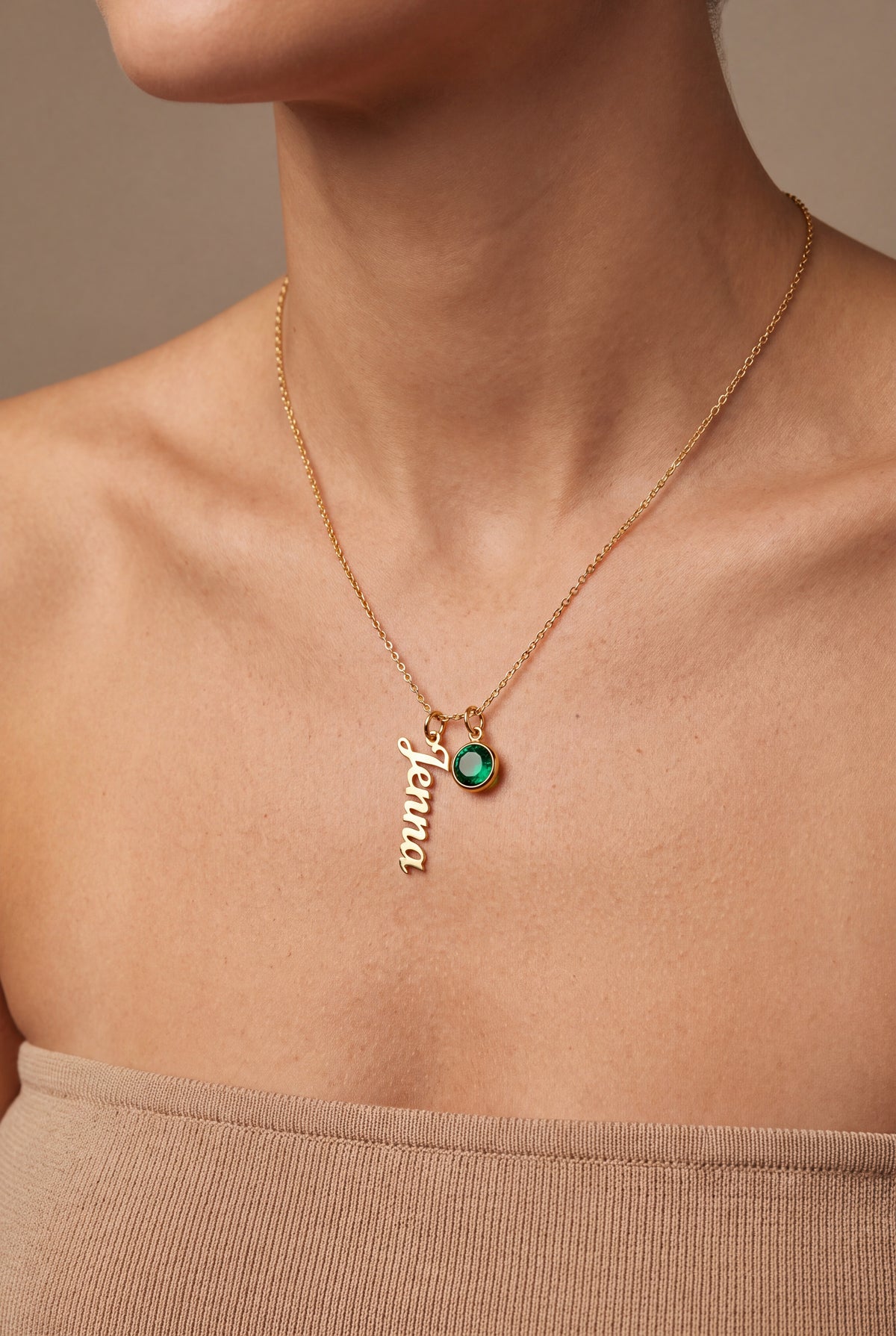 Vertical Name Necklace with Birthstone – on model