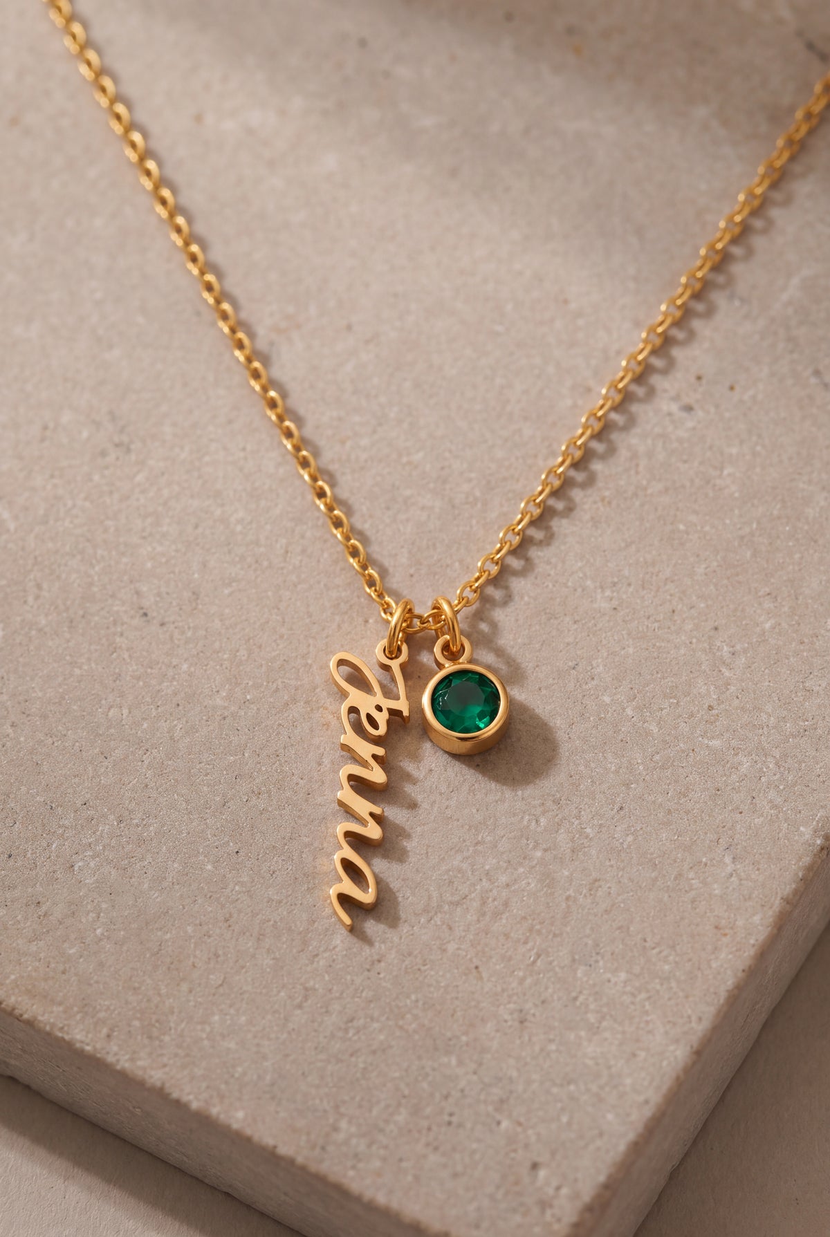 Vertical Name Necklace with Birthstone – product detail