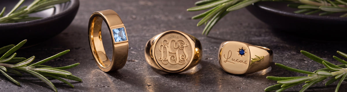 Men's Rings – our engraved and birthstone pieces in an editorial still life
