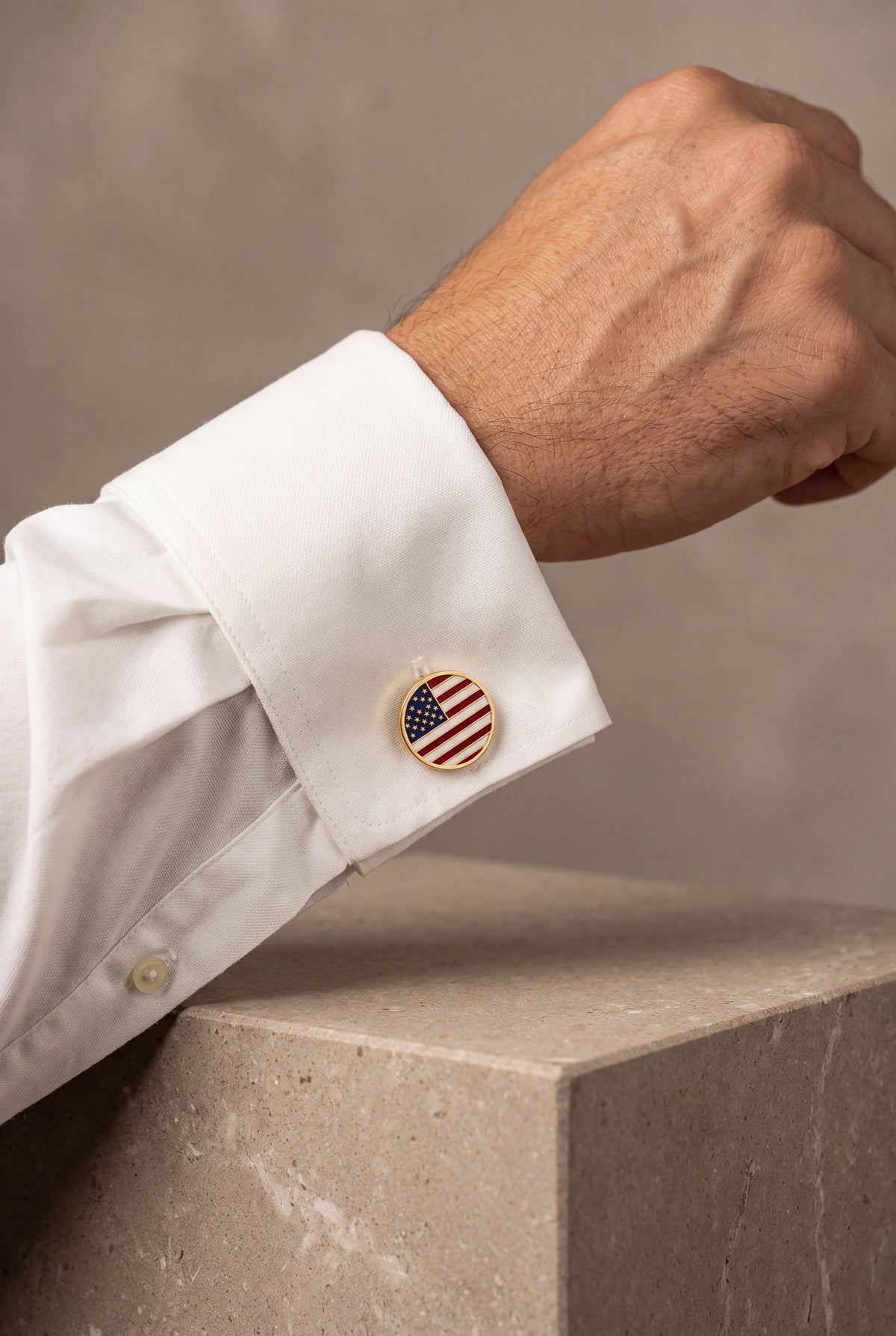 American Flag Enamel Cufflinks – on model, second view