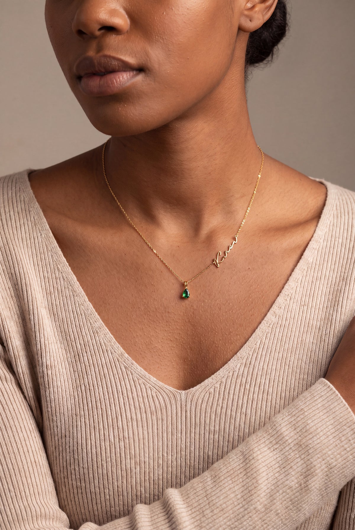 Asymmetric Name Necklace with Birthstone Drop – on model