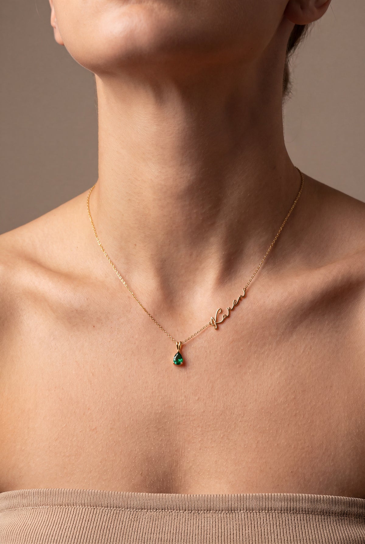 Asymmetric Name Necklace with Birthstone Drop – on model, second view