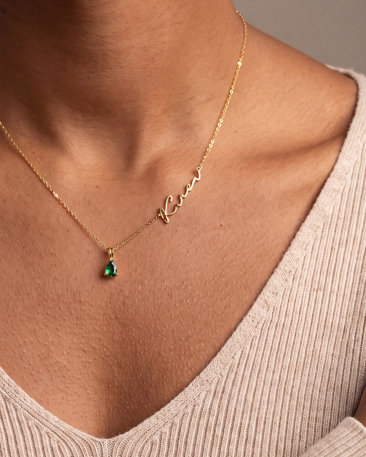Asymmetric Name Necklace with Birthstone Drop – close-up