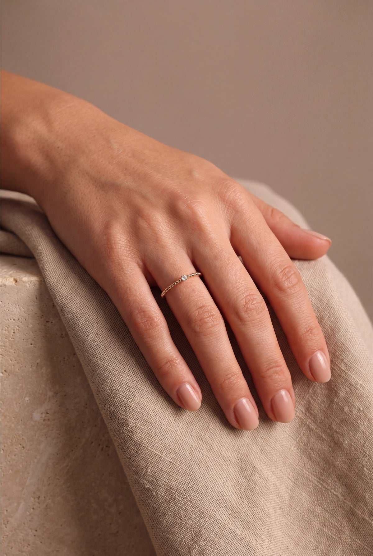 Beaded Band Solitaire Ring – on model