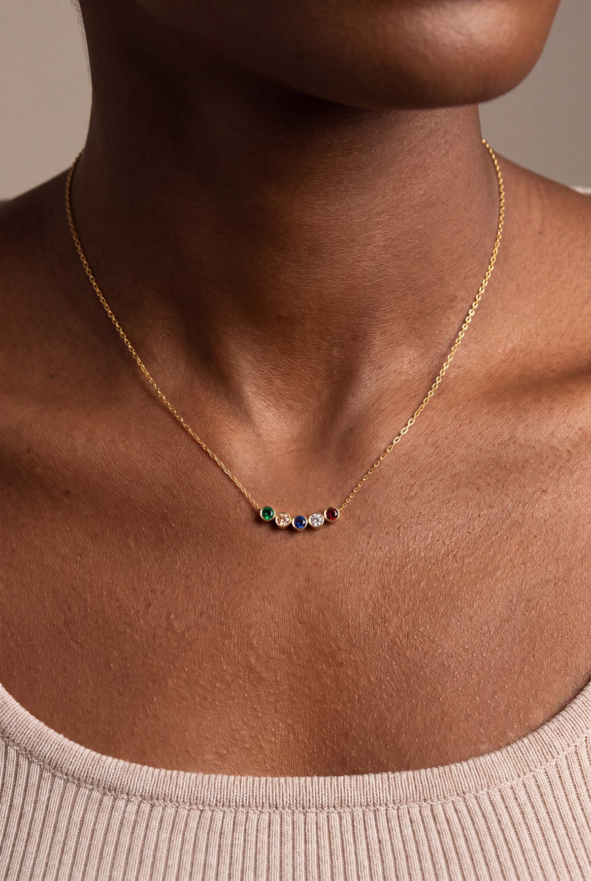 Bezel Birthstone Bar Necklace – on model, second view
