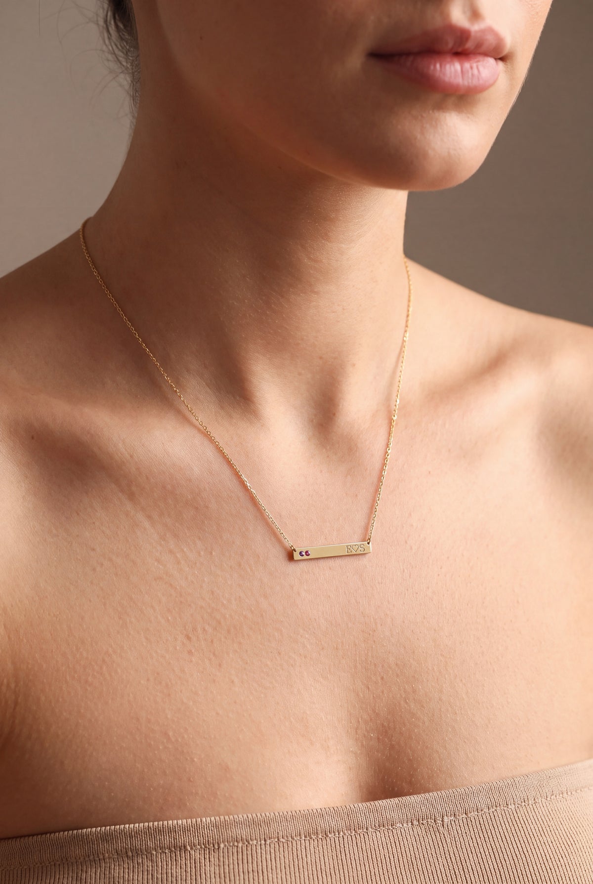 Birthstone Bar Necklace with Initials – on model
