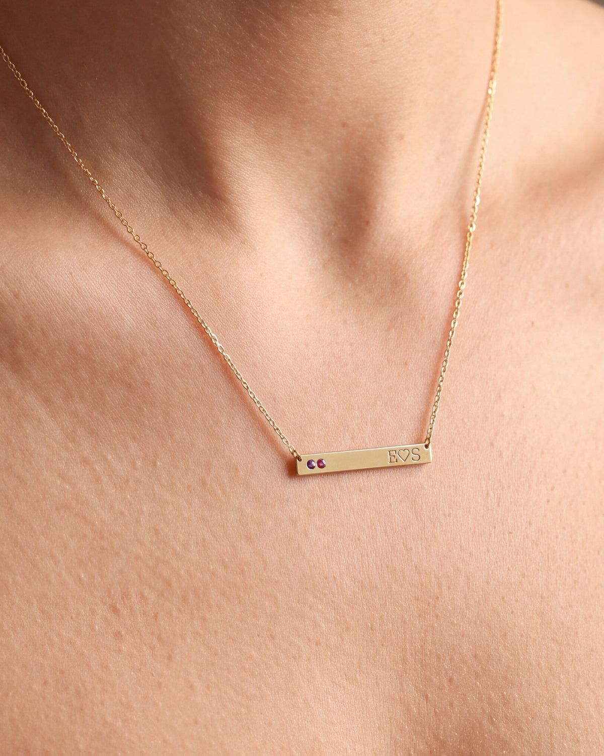 Birthstone Bar Necklace with Initials – close-up