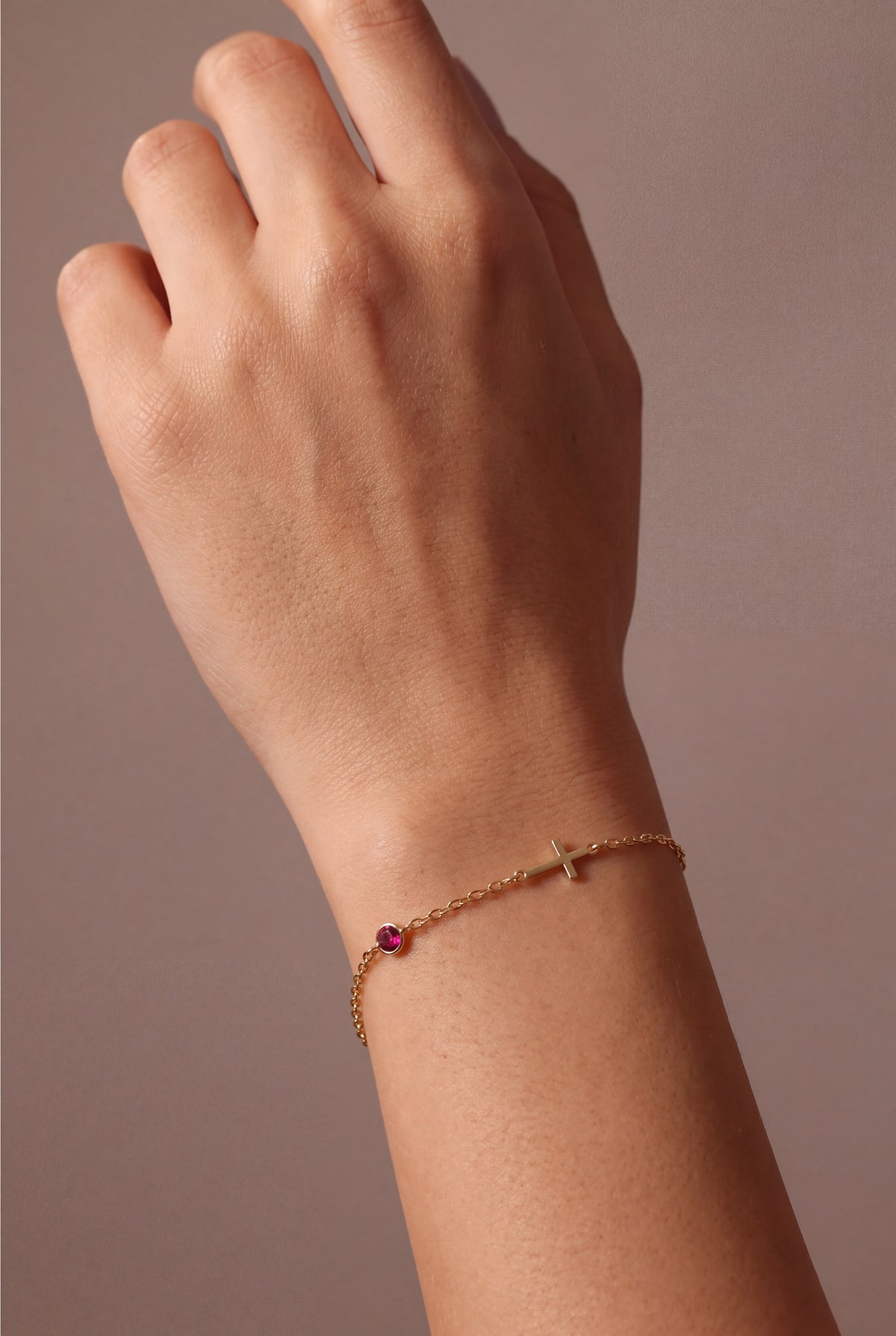 Birthstone Sideways Cross Bracelet – on model, second view