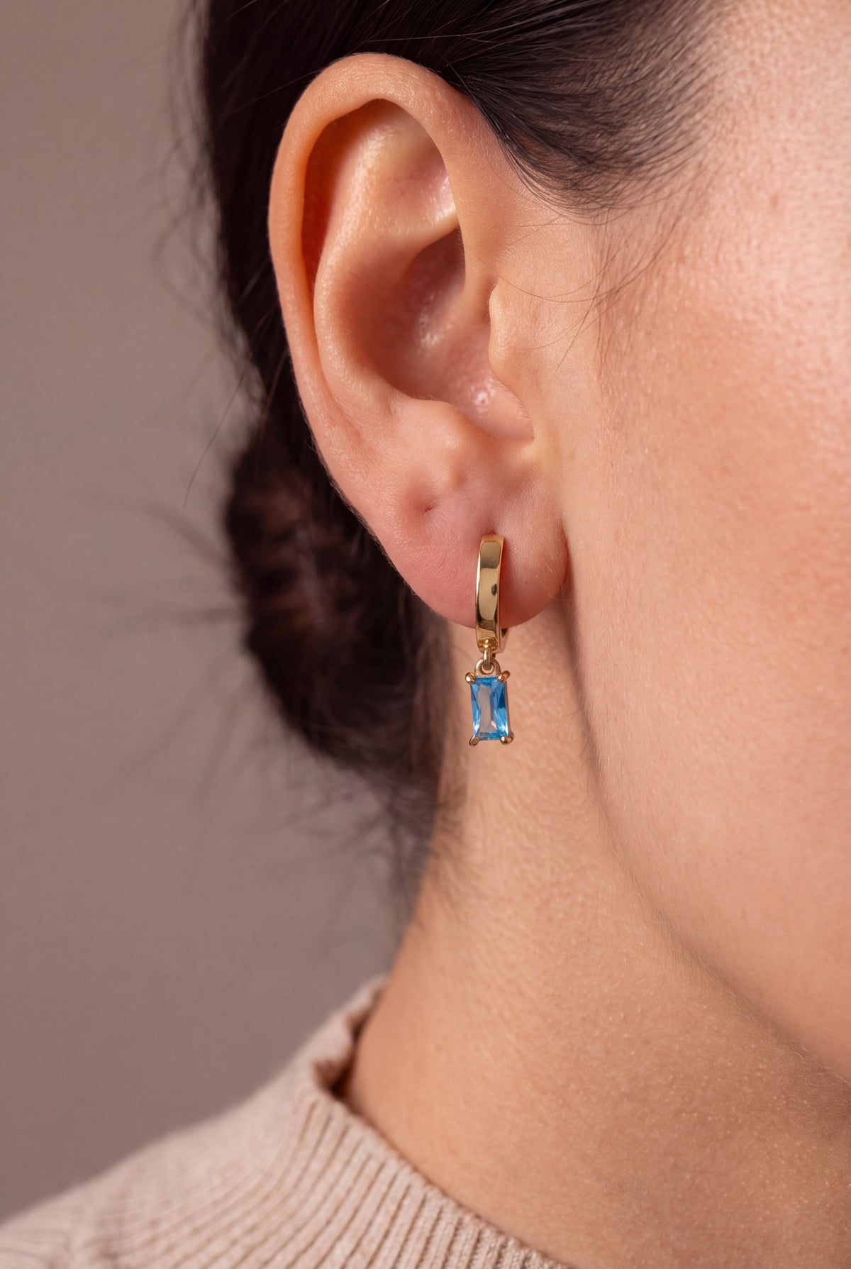 Blue Baguette Stone Drop Huggie Earrings – on model, second view