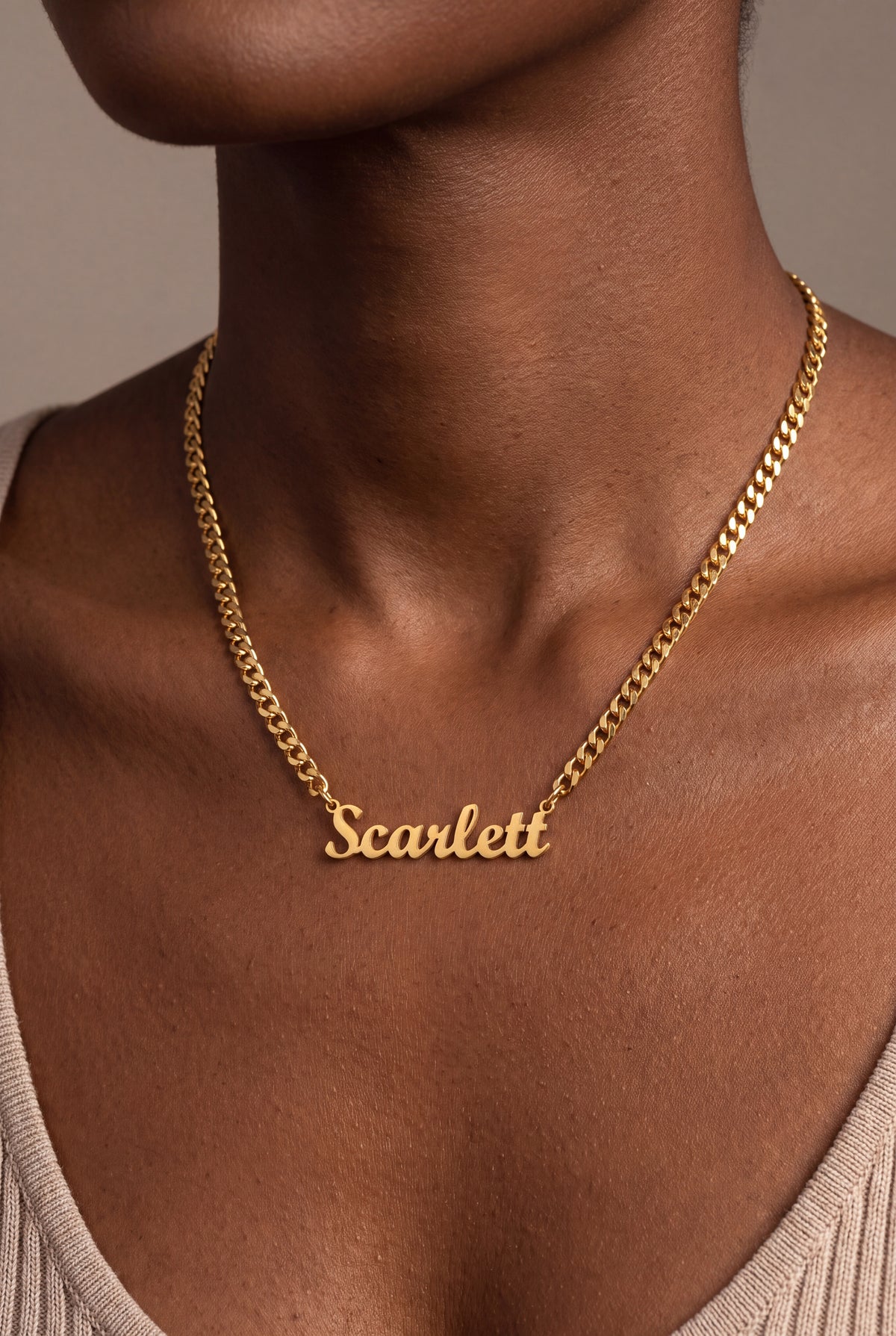 Bold Script Name Necklace on Cuban Chain – on model, second view