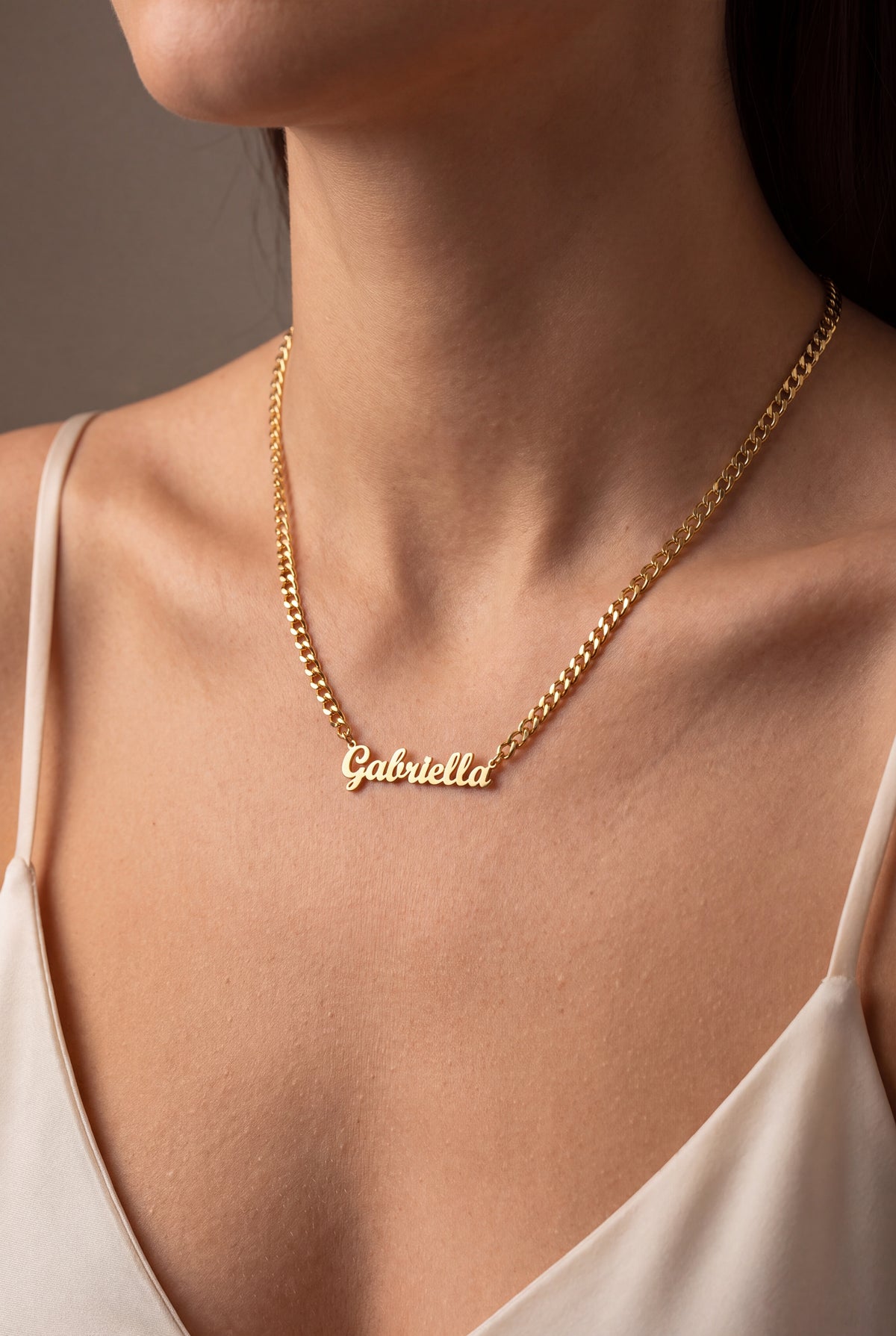 Bold Script Name Necklace on Curb Chain – on model, second view