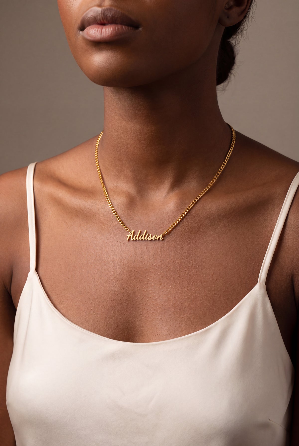Classic Script Name Necklace on Curb Chain – on model