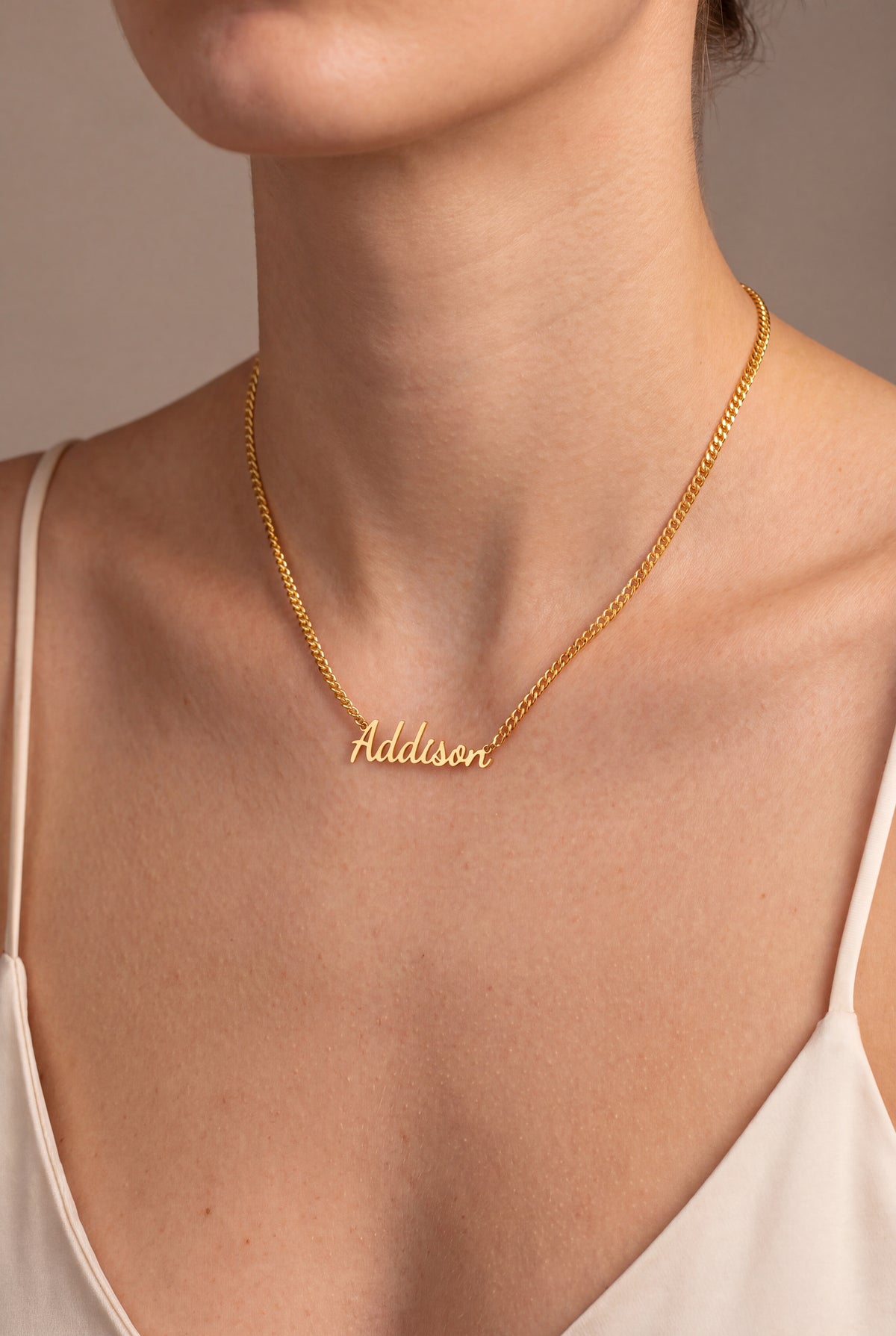 Classic Script Name Necklace on Curb Chain – on model, second view