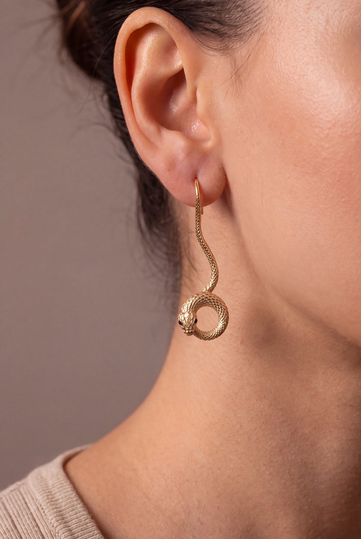 Coiled Snake Drop Earrings – on model, second view