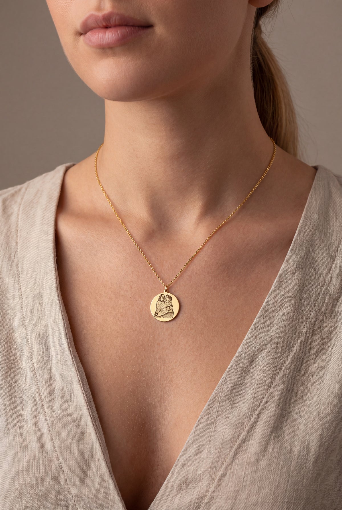 Couple Portrait Disc Necklace – on model