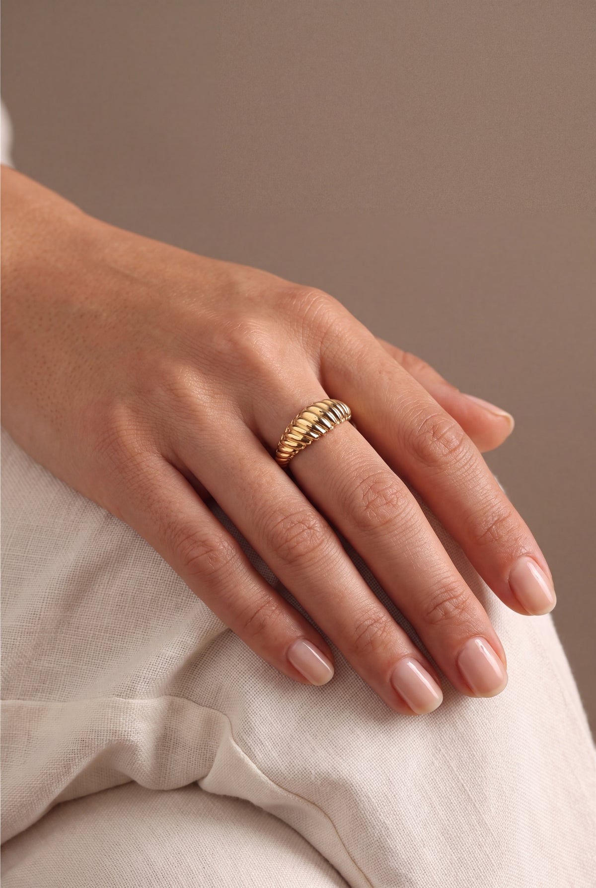 Croissant Dome Ring – on model, second view