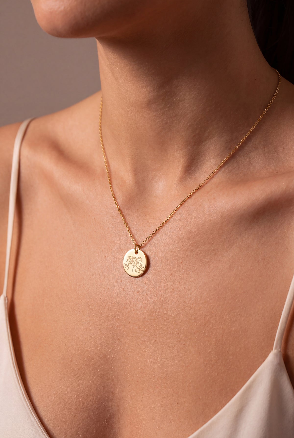 Dainty Family Portrait Disc Necklace – on model, second view