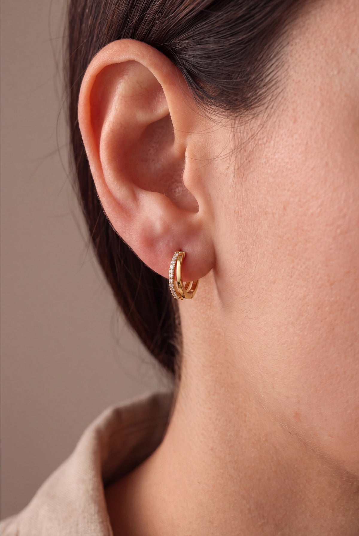 Double Row Stone-Set Huggie Hoop Earrings – on model
