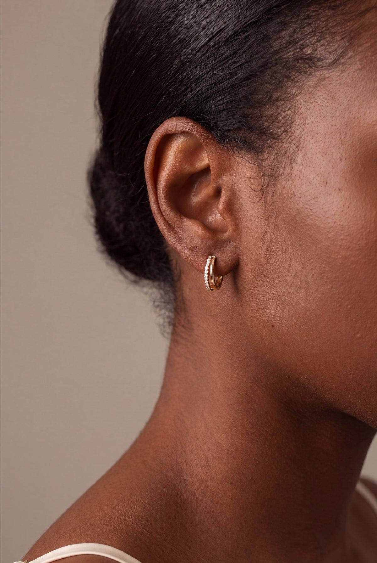 Double Row Stone-Set Huggie Hoop Earrings – on model, second view