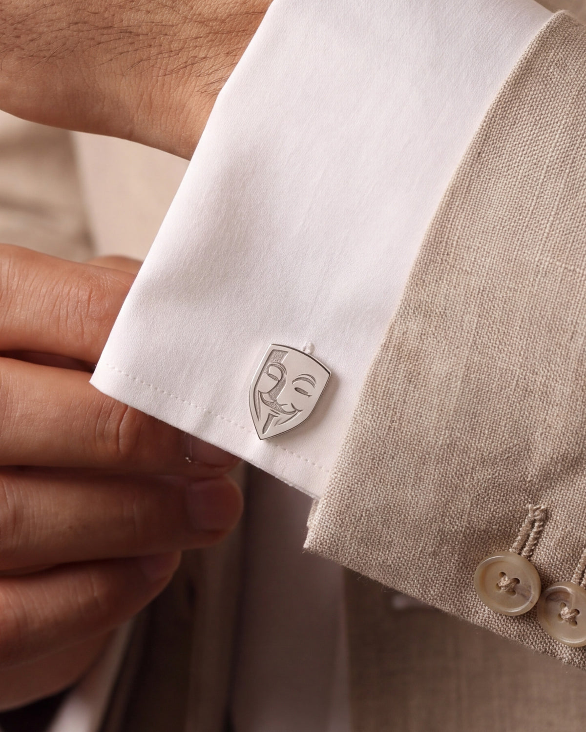 Engraved Mask Shield Cufflinks – close-up