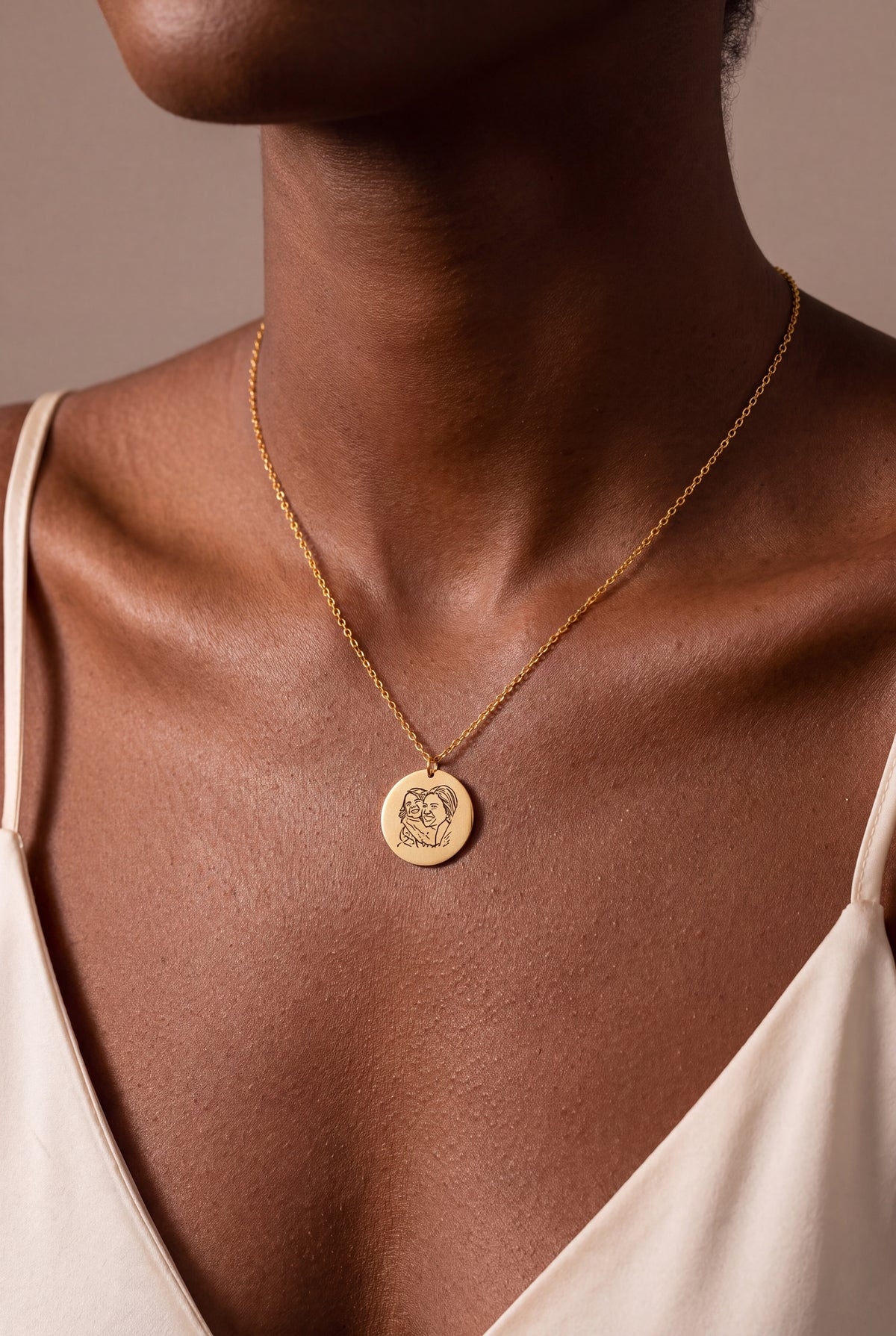 Engraved Photo Portrait Disc Necklace – on model, second view