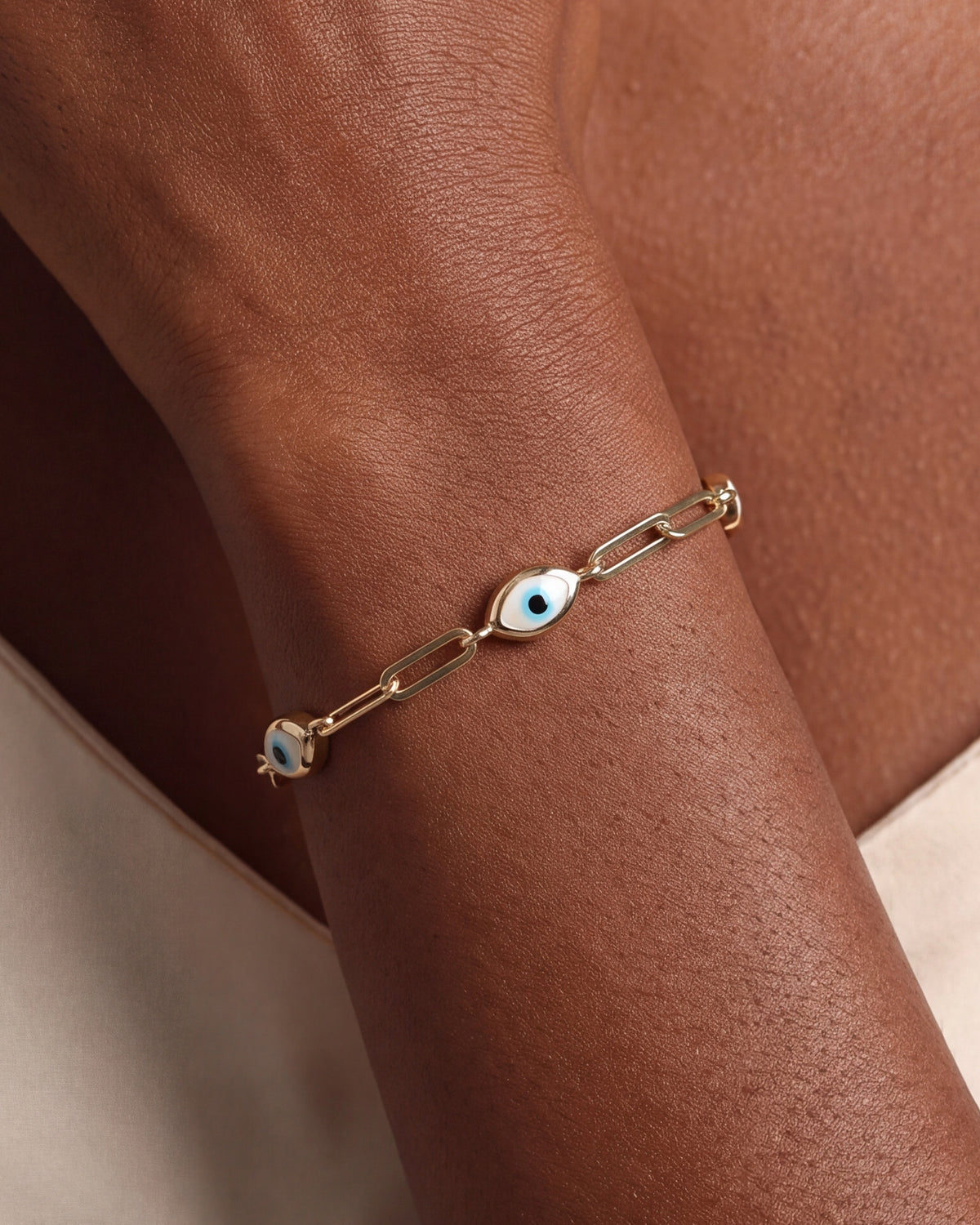 Evil Eye Paperclip Chain Bracelet – close-up