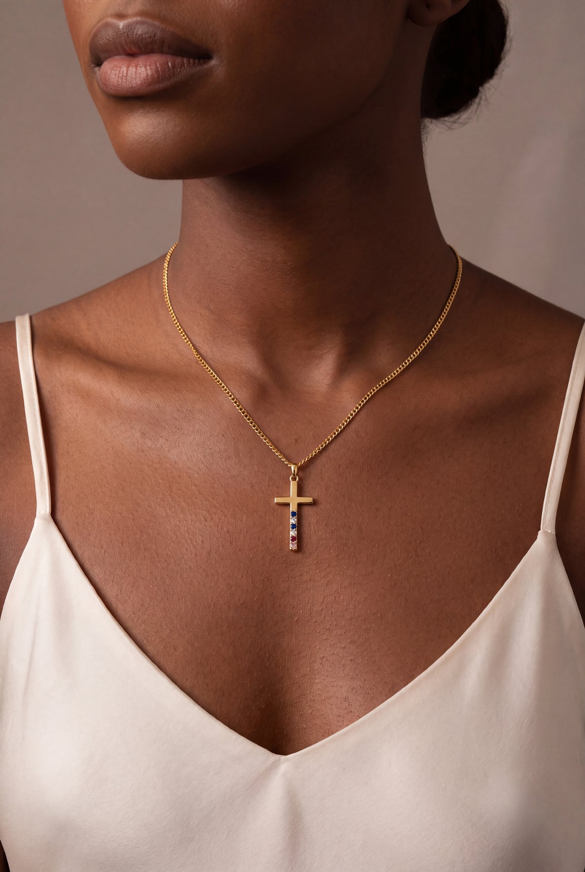 Family Birthstone Cross Necklace – on model