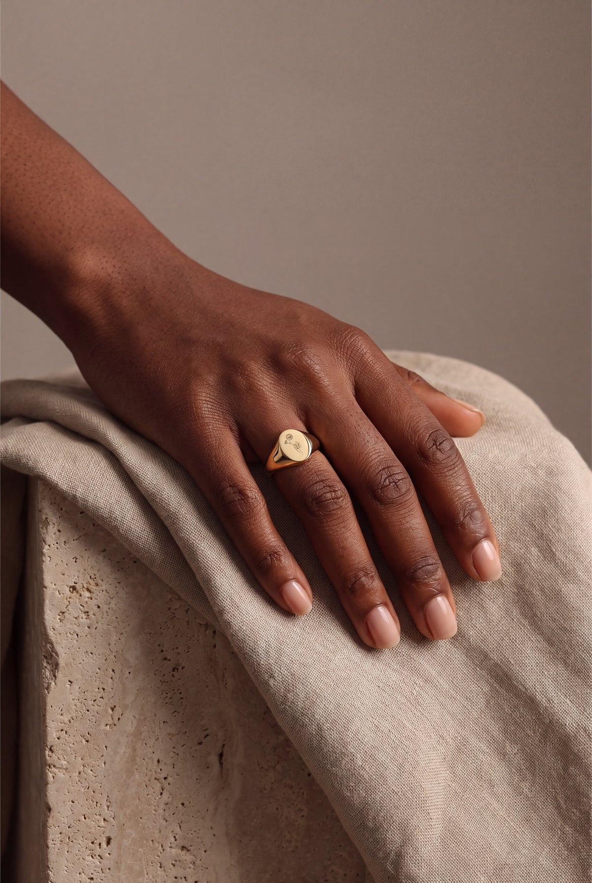 Flower Engraved Oval Signet Ring – on model