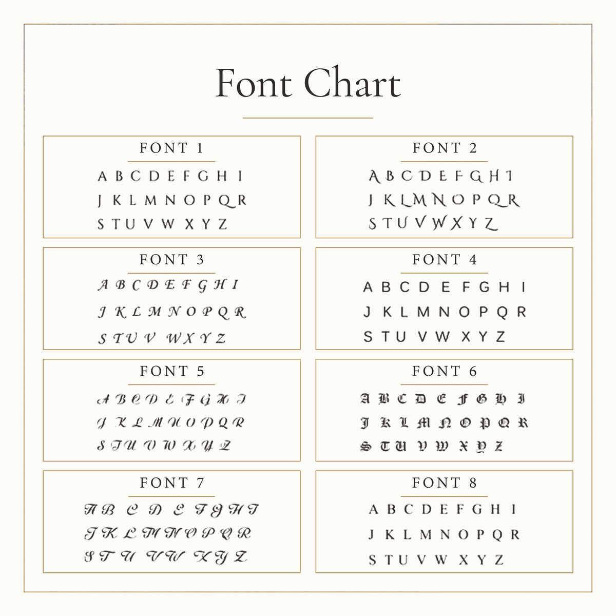 Font chart: uppercase alphabets in Font 1, Font 2, Font 3, Font 4, Font 5, Font 6, Font 7 and Font 8