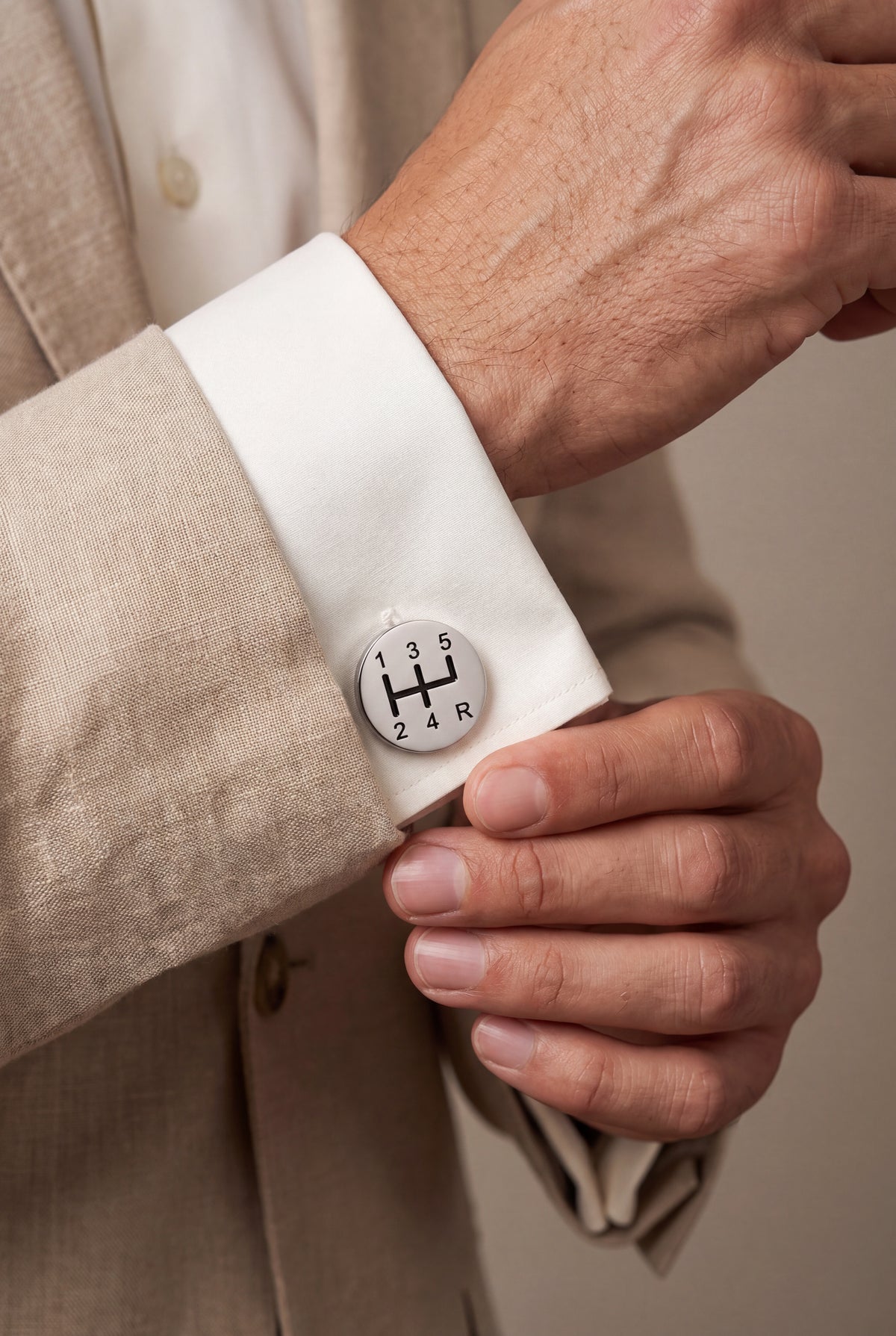 Gear Shift Pattern Cufflinks – on model