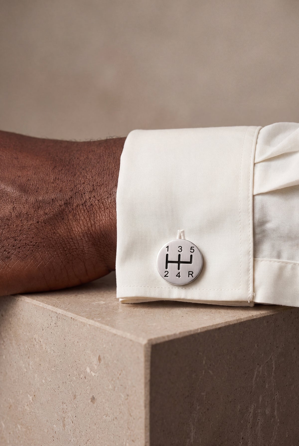 Gear Shift Pattern Cufflinks – on model, second view