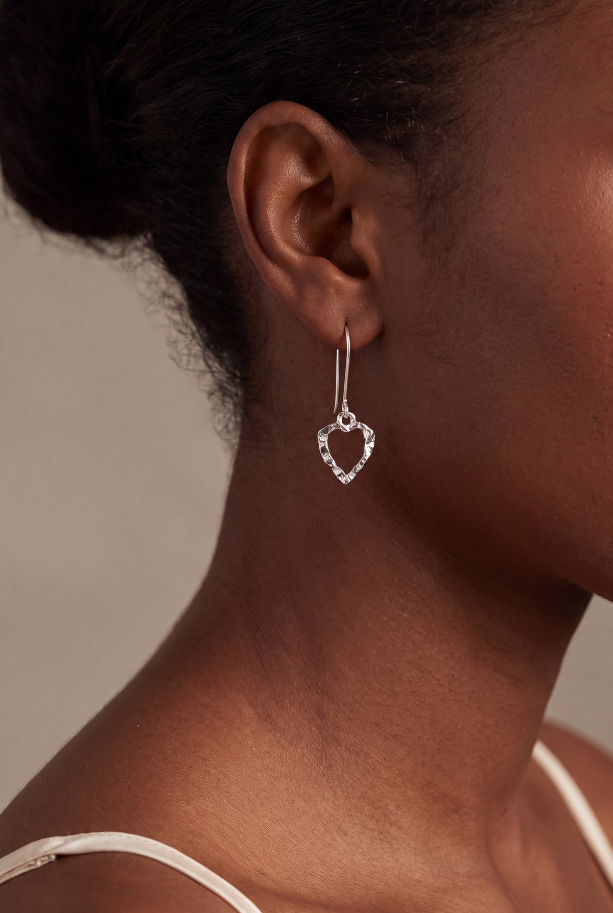 Hammered Open Heart Drop Earrings – on model, second view