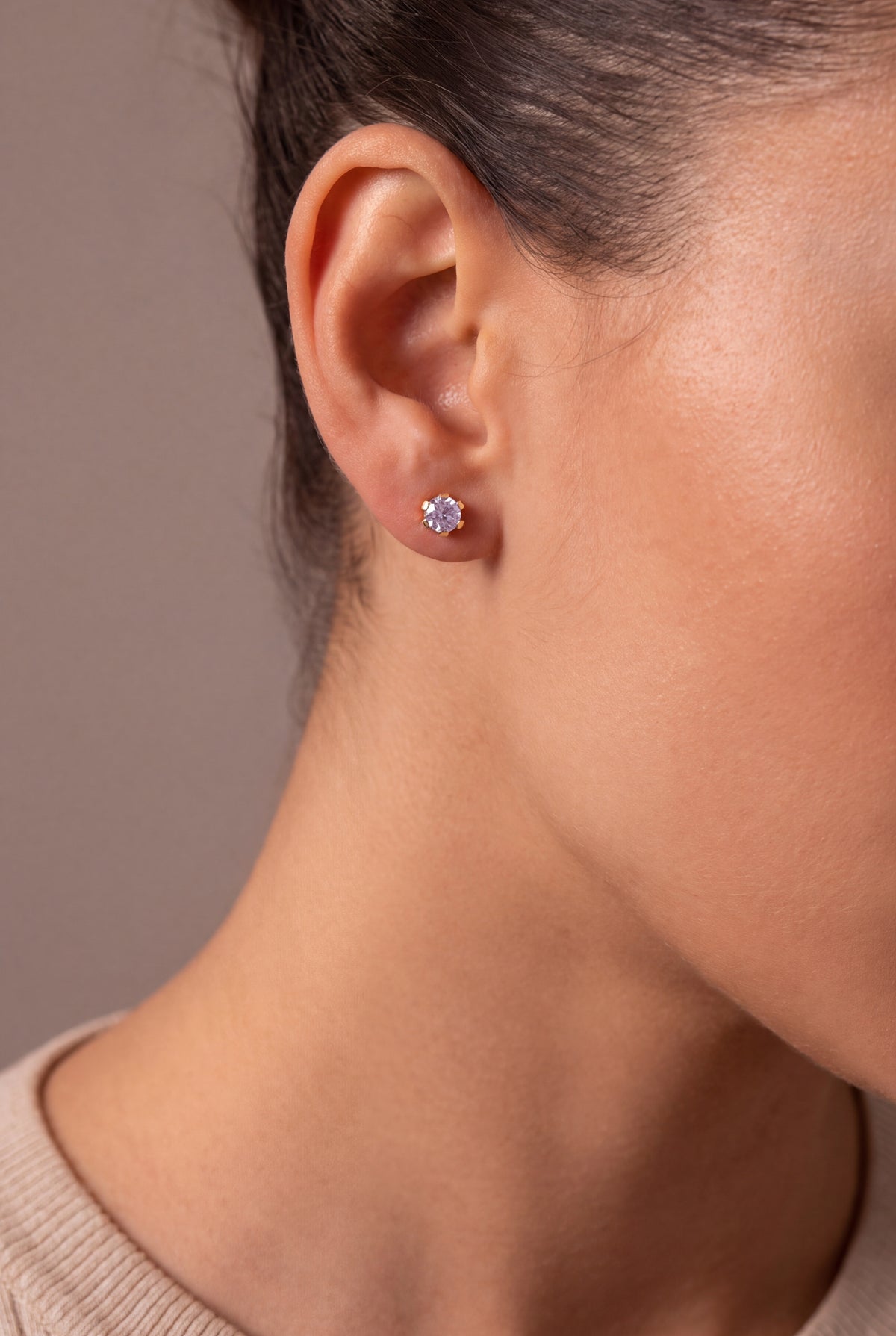 Lilac Solitaire Stud Earrings – on model, second view