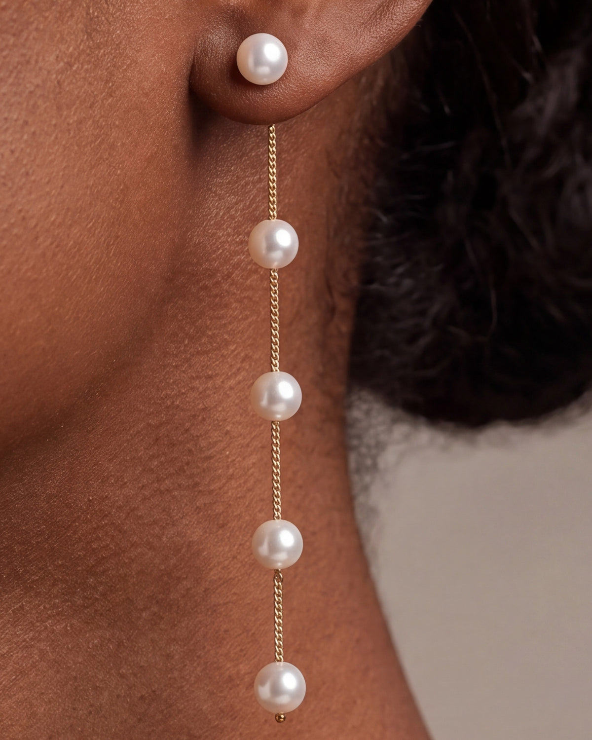 Long Pearl Chain Drop Earrings – close-up